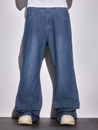 Street Life Jeans casuales holgados de pierna ancha con bolsillo a rayas para hombres