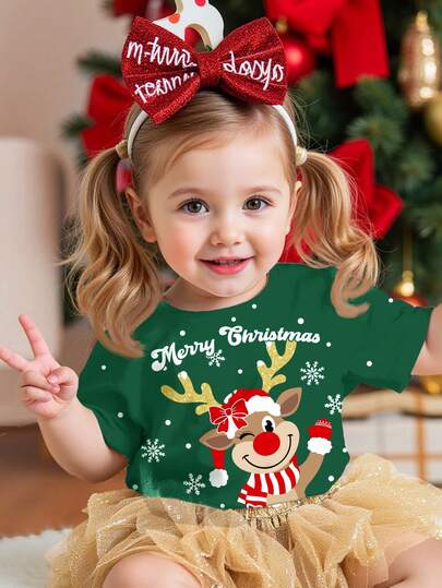 Merry Christmas, Cute Snowflake, Bow & Reindeer Print Red Boucle Rudolph Baby Girl Casual Round Neck Short Sleeve T-Shirt, Suitable For Christmas Party, Red New Year Outfit, Home, Photo Shoot, Holiday, Christmas Vibes, Christmas Gifts, Easy Comfort, Stylish Baby, Casual Wear, Kids Christmas Graphic Clothes, New Year Clothes, New Style, Homecoming, Fashion Christmas