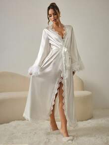 HautHeat Women's Contrast Lace Fuzzy Cuff Elegant Belted Robe - White - View 4