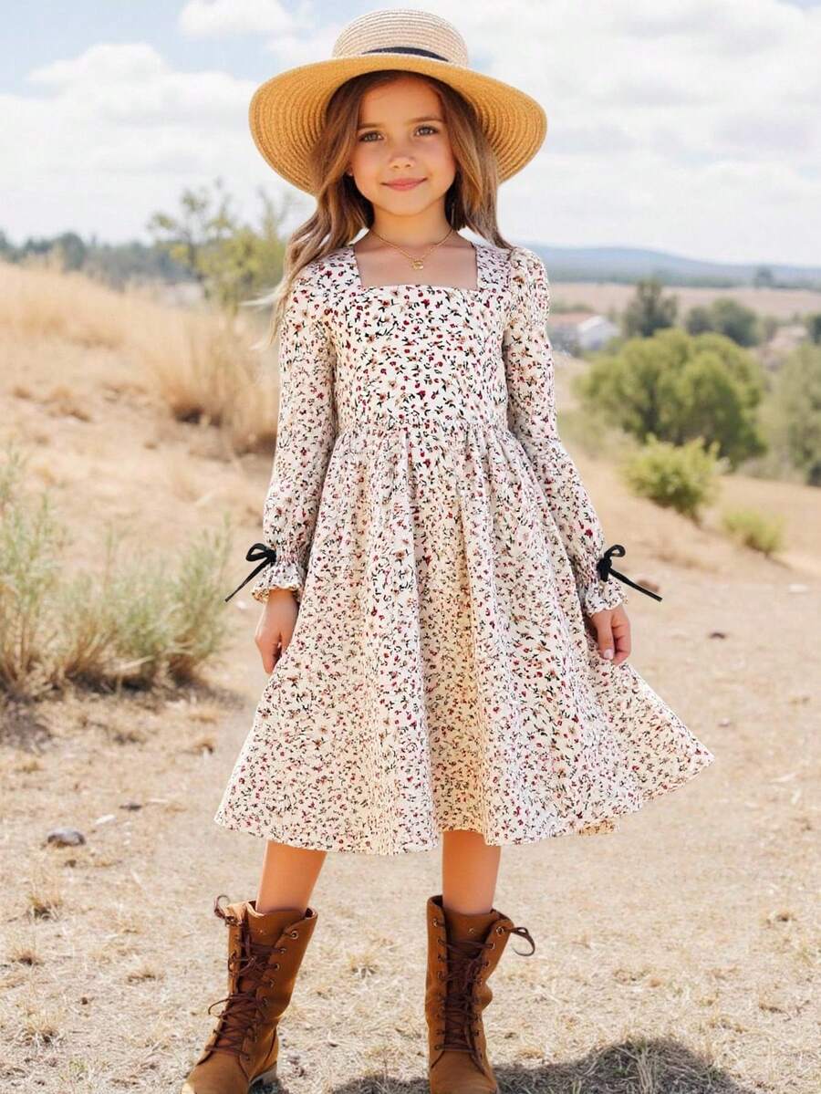 Emery Rose Kids Tween Girl Ditsy Floral Woven V-Neck Long Sleeve Fitted Casual A-Line Frenchy Dress, Autumn Winter New Arrival - White - View 1