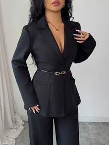 Rafferiza 女士翻领长袖外套和裤子优雅通勤套装 - 黑色 - 查看 4