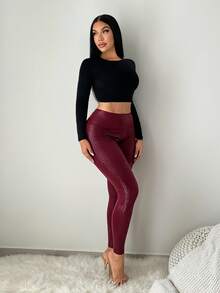 SHEIN SXY Quần bó cạp cao họa tiết động vật màu đỏ tía - Màu Đỏ Sâu - Xem 6