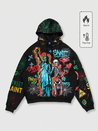 Street Life Sudadera con capucha de manga larga para hombre con cordón y gráfico creativo de cruz y calavera