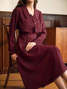 Vintamour Conjunto vintage elegante de 2 piezas para dama, vestido de tirantes con cuello cuadrado y línea A, y chaqueta corta de manga larga, con decoración de botones de perlas falsas - Burdeos - Ver 7