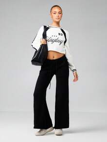 Missguided x Playboy Wide Leg Knitted Pants Casual Lounge Sweatpants Drawstring Waistband Fall Winter Comfort - Black - View 3
