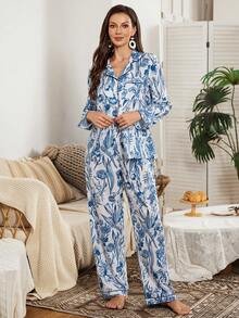 Serenescape 花卉植物印花泡泡褶皱衬衫式女士睡衣套装 蓝白睡衣 蓝色睡衣套装 女士家居服套装 - 藍色 - 查看 6