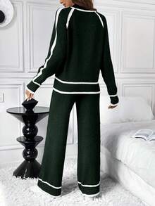 SHEIN LUNE 2件套女士休闲宽松撞色毛衣套装 - 綠色 - 查看 2