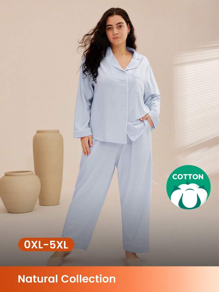 LUVLETTE Autumn And Winter Plus Size Soft 100% Pure Cotton Basic Button-Up Top & Pants Loungewear Pajama Set Cotton Pajamas - Blue - View 1