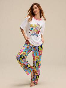 Nick 90s | SHEIN Women Cartoon Figure Graphic Round Neck Short Sleeve Top And Long Pants Pajama Set - Multicolor - View 7