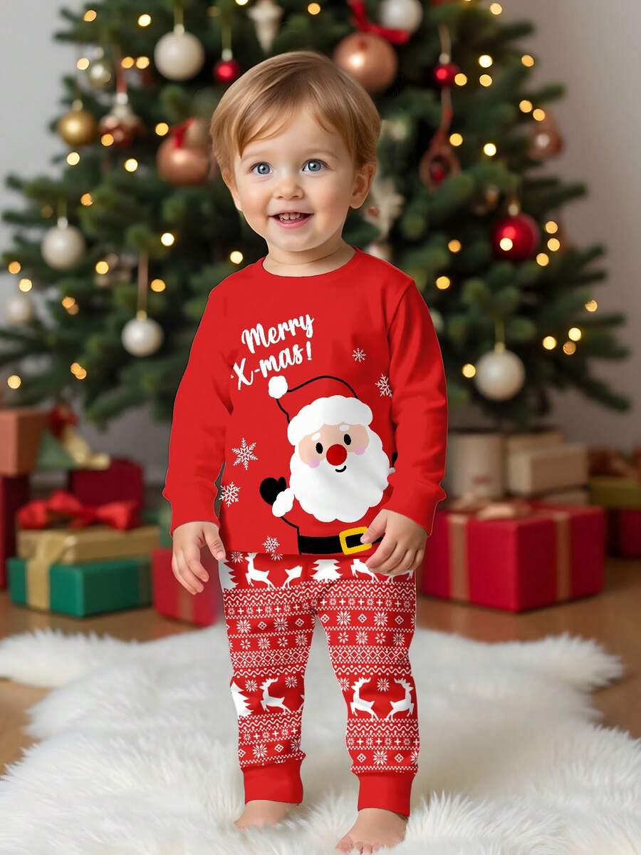SHEIN Bộ đồ ngủ dài tay cổ tròn ôm vừa vặn cho bé trai, vừa vặn, họa tiết chủ đề Giáng sinh cổ điển với hình ảnh Ông già Noel, Cây thông Noel, Người tuyết, Quà tặng, Tuần lộc, Bông tuyết, Thích hợp cho mùa Giáng sinh - Nhiều màu - Xem 1
