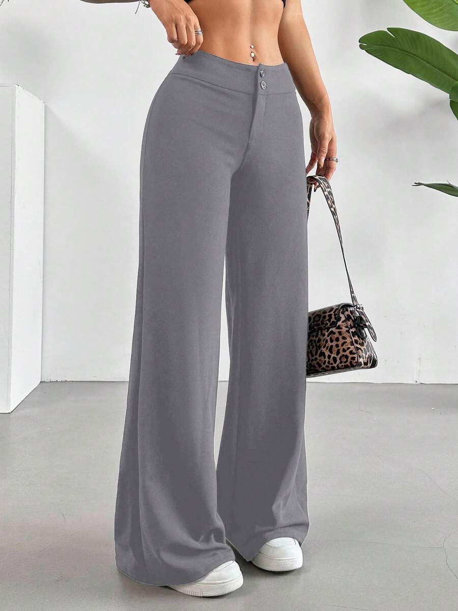 SHEIN EZwear Solid High Rise Flared Straight Leg Pants - Grey - View 1