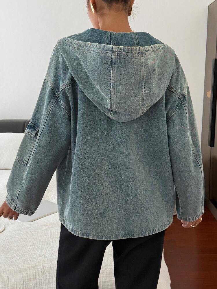 Vintage Casual Hooded Loose Fit Zip-Up Denim Jacket For Women
