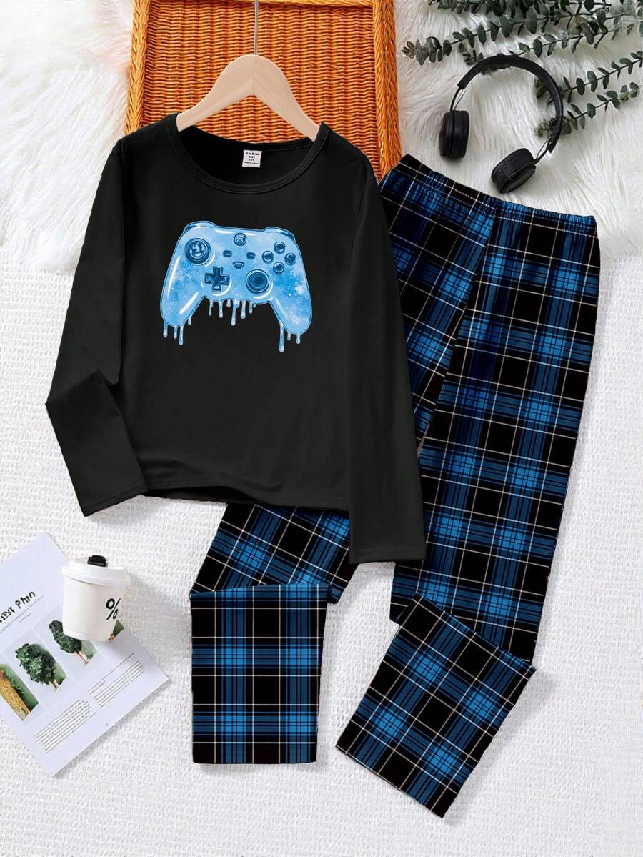 两件套青少年男童蓝色电子游戏图案印花黑色圆领长袖上衣和格子宽松柔软针织睡裤，舒适家居服