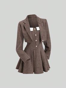 Sweetra 女士优雅高端时尚甜美贵族风办公室/约会复古格纹西装外套和褶裥连衣裙两件套，秋冬款