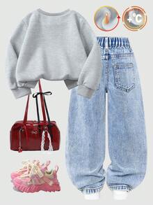 SHEIN ChillGRL 2pcs Young Girls Cherry Sweatshirt & Jeans Outfit Set,Thermal Lined Crew Neck Hoodie,Vintage Washed Blue Denim Shorts,Autumn,Career Day,Back-To-School - Multicolor - View 2