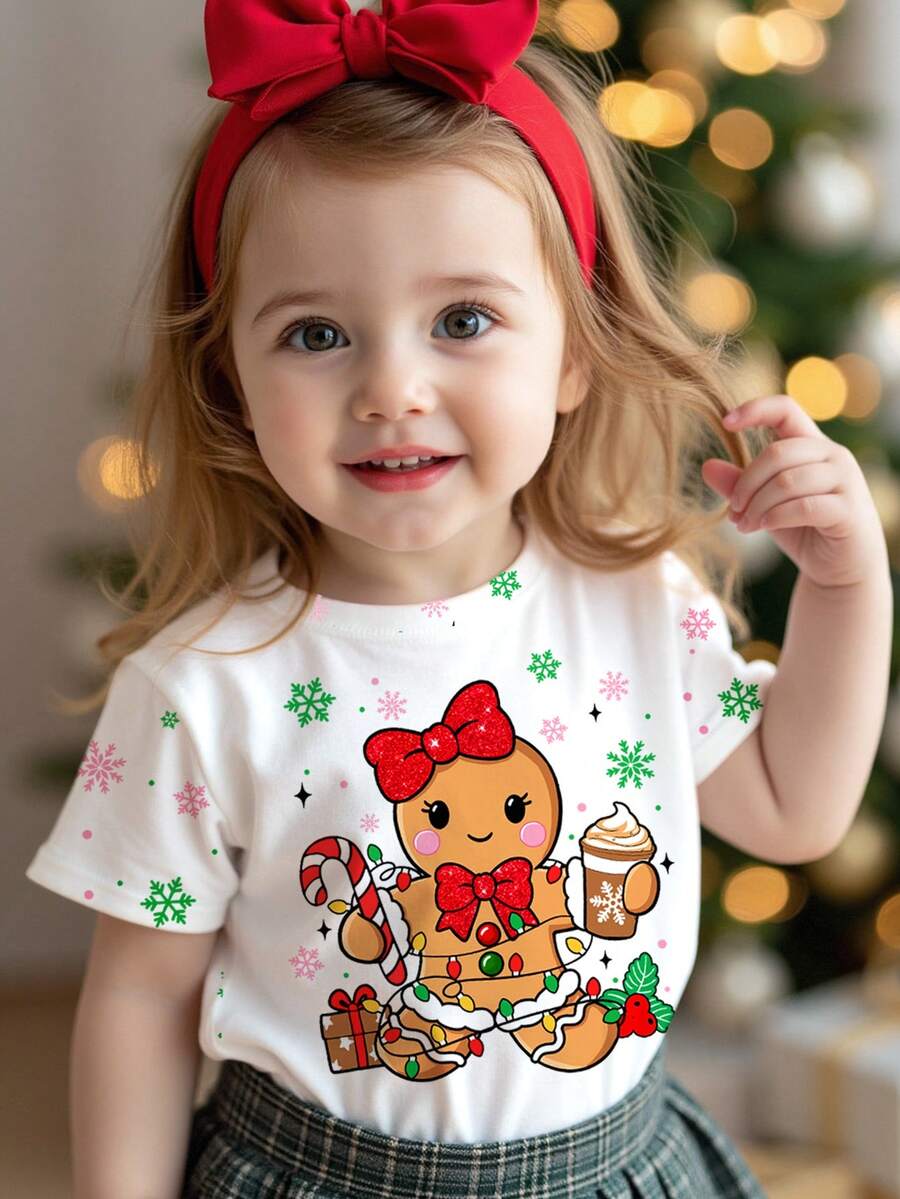 SHEIN 圣诞快乐!女宝宝休闲可爱卡通姜饼人、雪花、圣诞树、铃铛、拐杖糖图案,白色圣诞短袖圆领上衣,节日气息浓厚,适合夏季叠穿,全新假日系列。 - 彩色 - 查看 1