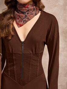 Wildy 美式乡村风休闲V领连帽棕色连体裤 - 棕色 - 查看 7