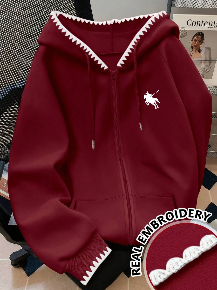 SHEIN Y2K 小马标志卫衣,复古美式刺绣精致卫衣卫衣,时尚独特的秋冬女装卫衣 - 紅色 - 查看 1