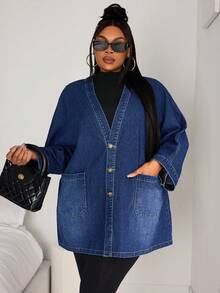 SHEIN SXY Plus Size Front Button Long Sleeve Pocket Casual Christmas Women Thanksgiving Women Poncho Denim Coat - Dark Wash - View 1