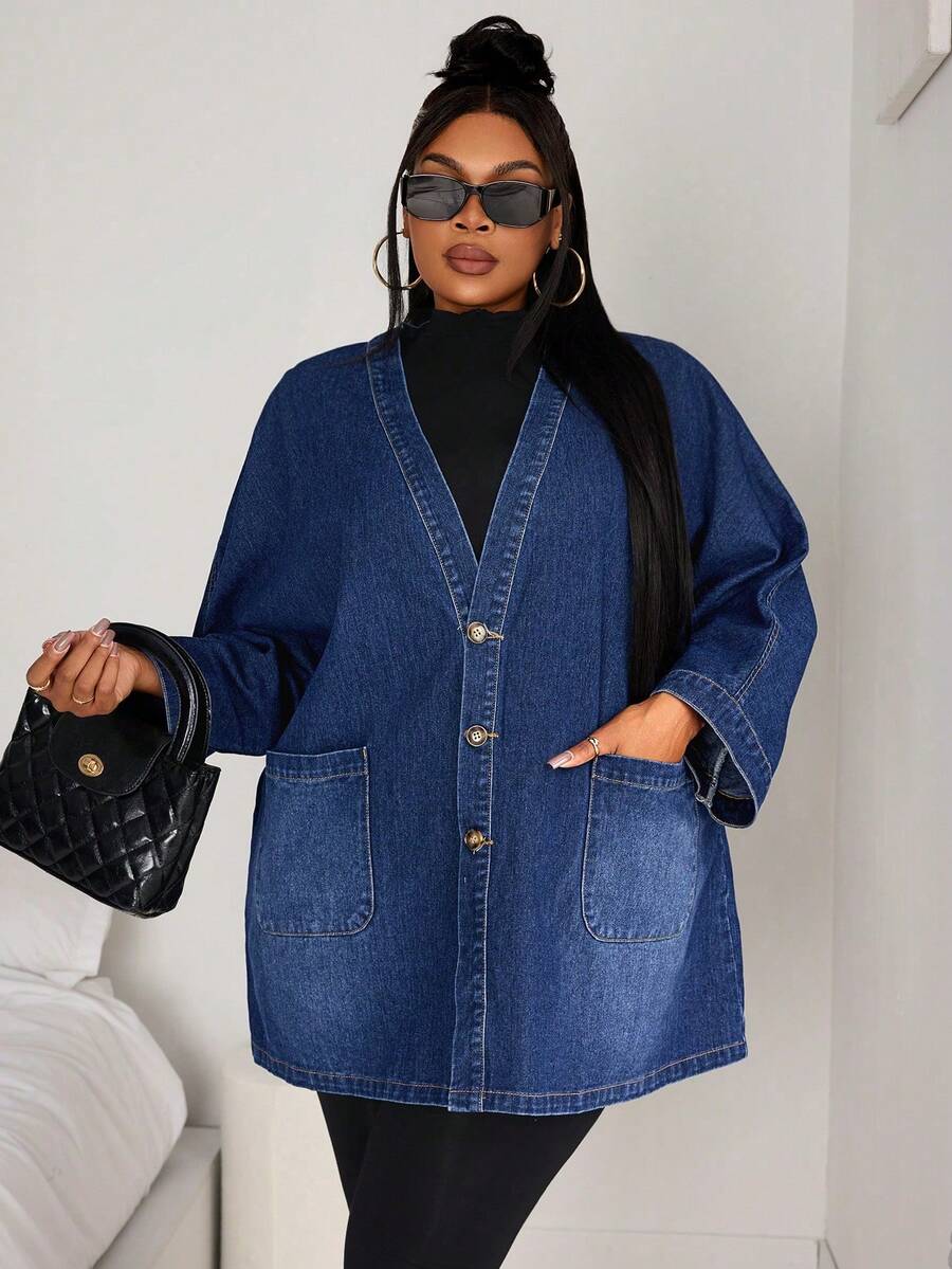 SHEIN SXY Plus Size Front Button Long Sleeve Pocket Casual Christmas Women Thanksgiving Women Poncho Denim Coat - Dark Wash - View 1