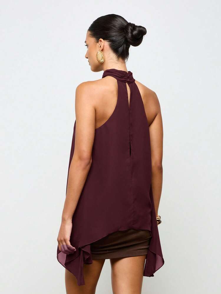 Halterneck Waterfall Asymmetrical Sleeveless Blouse