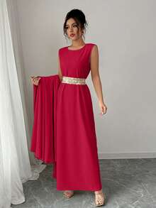 Rafferiza 女士贴花缎带蝙蝠袖睡袍和无袖连衣裙优雅两件套 - 紅色 - 查看 6