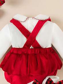 Souflis Souflis Set 3 buc. pentru nou-născuți, top cu mânecă lungă și guler Peter Pan, body cu barete și funde, jambiere, drăguț și la modă, confortabil, toamnă/iarnă 2025, nou-născut - roșu - Vizualizare 3