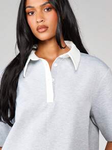 MISSGUIDED Contrast Collar Rugby Style Short Sleeve Polo Shirt With Button Placket Heather Knit Top - Grey - View 5