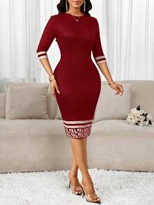 SHEIN Lady 春夏优雅通勤办公彩色针织圆领铅笔裙中长七分袖连衣裙商务休闲女装 - 酒紅色 - 查看 4