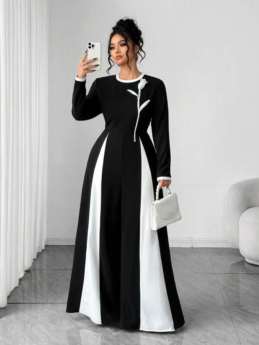 Elenzga Mono de talla grande con diseño floral 3D de color contrastante - Multicolor - Ver 1