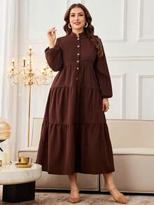 Al Najma 大码女式阿拉伯风格立领长袖半开襟编织纹理袖口弹性下摆宽松休闲木扣连衣裙 - 咖啡棕 - 查看 3