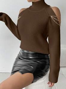RosyDaze Women's Fashion Casual Off-Shoulder Chain High Collar Ribbed Knit Sweater - Brown - View 7