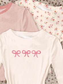 SHEIN Leap Crew 3pcs/Set Cream-Colored Bohemian Floral, Soft Pink Striped, Bow Accent Graphic Slim Fit Long Sleeve T-Shirts, Casual & Comfortable Autumn/Winter Tops For Teen Girls, Suitable For Daily Wear, Loungewear, And Layering - Multicolor - View 6