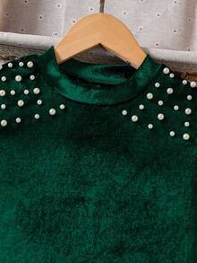Tween Girl Elegant Party Beaded Decor Gigot Sleeve Dress - Dark Green - View 4