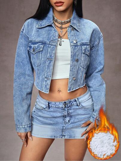 SHEIN ICON Women's Casual Washed Short Denim Jacket