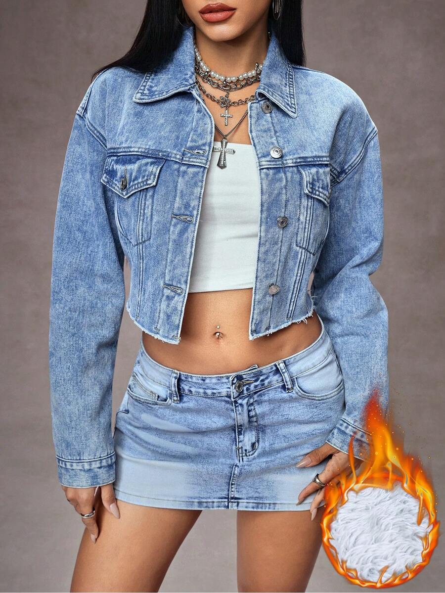 SHEIN ICON 女士休闲水洗短款牛仔外套 - 中等水洗藍 - 查看 1