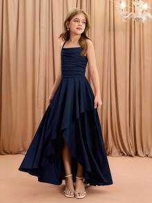 Tween Girls' Elegant Fashion Luxurious Spaghetti Strap Criss-Cross Shoulder Sleeveless High Waist Cinched Waist Flared Hem Long Asymmetrical Hem Design Solid Satin Shiny Fabric High-End Christmas, Graduation, Party, Halloween Event Dress - Navy Blue - View 4