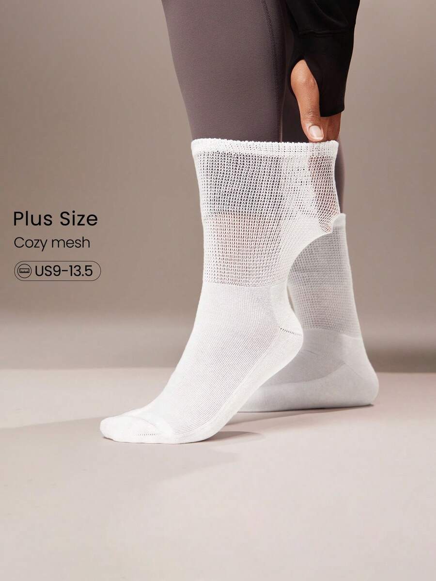 GLOWMODE 1-Pair Plus Size Flex Cotton-Blend Soft Comfy Sweat-Wicking Breathable Mesh Seamless Toe Crew Socks Daily Casual Wear Spring Summer - White - View 1