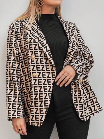 SHEIN Privé 大码女式秋季字母印花翻领长袖金属双排扣休闲西装外套