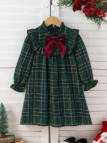 SHEIN Emery Rose Kids 女童优雅格子拼接蝴蝶结装饰荷叶边下摆宽松长袖连衣裙，适合圣诞节、秋冬季、派对、上学、日常休闲穿着