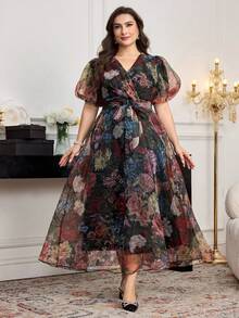 Modelyn 大码女式V领短袖收腰印花休闲连衣裙 - 彩色 - 查看 6