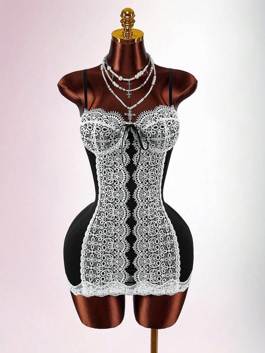 Amplova Váy ôm sát bodycon cổ thấp thiết kế ren đen trắng theo phong cách Boho lãng mạn dành cho nữ - Nhiều màu - Xem 1