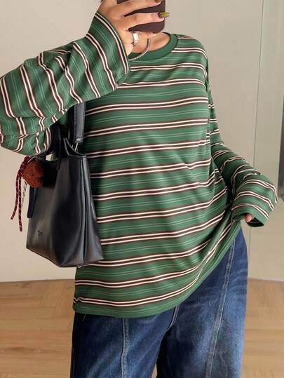 Dazy Plus Casual Loose Fit Round Neck Long Sleeve Striped T-Shirt, Plus Size, Street Style