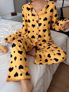 SHEIN 女士泡泡雪纺睡衣套装，撞色爱心印花翻领上衣和长裤两件套睡衣，秋冬服装 - 彩色 - 查看 5