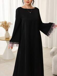 Al Najma Women's Casual Loose Long Abaya Dress Black Abaya Dress Modest Bell Sleeves Embroidered Sleeves - Black - View 7