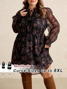 SHEIN CURVE+ Đầm dài tay cổ buộc tua rua họa tiết hoa cỡ lớn cho nữ, thời trang mùa thu - Nhiều màu - Xem 10