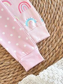 SHEIN Vintaside Kids 2件組貼身拉鍊式嬰兒女童秋冬睡衣套裝，可愛彩虹波點印花與愛心印花居家服 - 粉色 - 查看 4