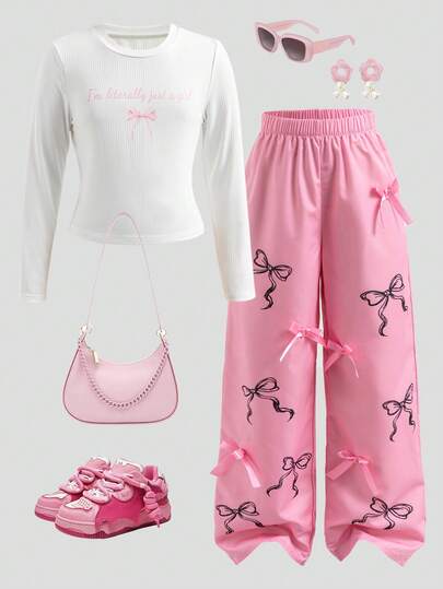 SHEIN Explorewe 2pcs/Set Tween Girls Streetwear Tee & Pants Set, Stand Collar Long Sleeve T-Shirt With Bow & Leopard Print, Pants