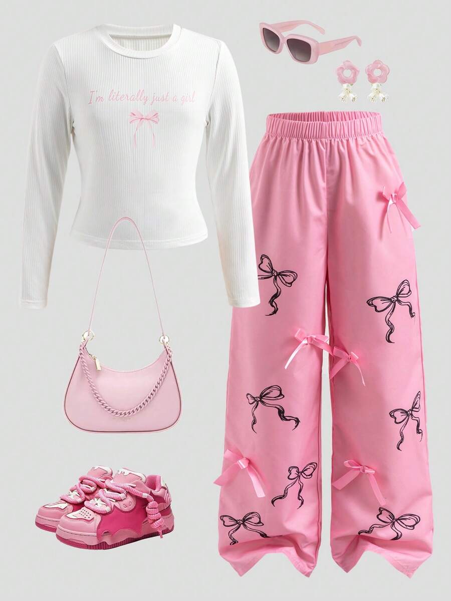 SHEIN Explorewe 2件套少女街头风T恤裤套装，立领长袖T恤带蝴蝶结和豹纹印花，裤子 - 粉色 - 查看 1