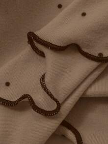 DAZY 2件套女士撞色滚边波点印花抓绒面料修身长袖上衣和裤子睡衣套装，秋冬款 - 駝色 - 查看 6